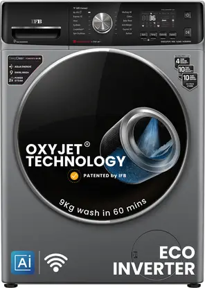 IFB 9 kg 5 Star with Steam Refresh program, 9 Swirl Wash, Eco Inverter, with AI Fully Automatic Front Load Washing Machine with In-built Heater Black, Grey 