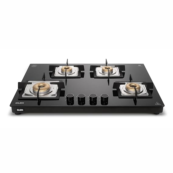 Glen 4 Burner Ultra Slim Premium Gas Stove | Auto Ignition | 8 MM Toughened Glass Top | Revolving Inlet Nozzle | Black | Forged Brass Burners | Warranty 2 Years Standard (BH1074USBL75)