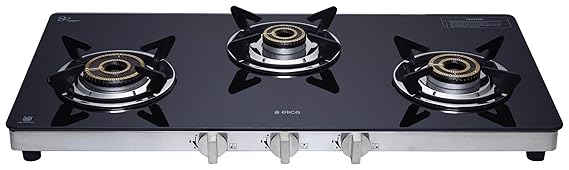 Elica 3 Burner Manual Ignition Gas Stove | SAPPHIRE 773 CT VETRO (DT Series) | Double Drip Tray | Toughened Glass Top | High Efficiency Brass Burners | 7 Yr Glass Warranty | Black