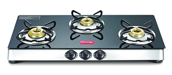 Prestige Marvel Plus Manual Ignition Aluminium, Glass Top 3 Burner Gas Stove, (Black)