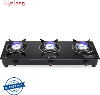 Lifelong LLGS930 Glass Top 3 (ISI Certified,1 Year Warranty with Doorstep Service) Glass Manual Gas Stove  (3 Burners)